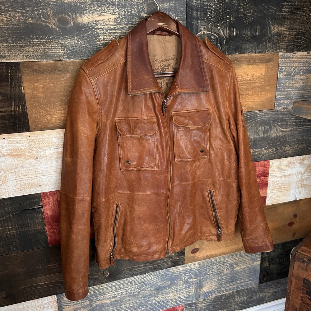 Escales Paris Brown Leather Biker Jacket Mens Large Motorcycle Coat